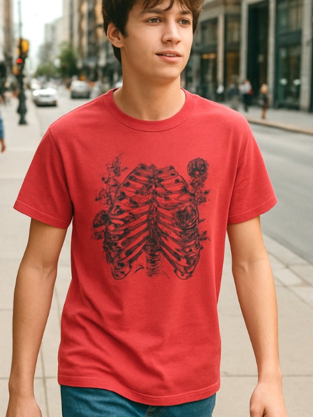 Adult Unisex Skeleton Ribcage &  Roses Red T-Shirt Tee - Size Medium